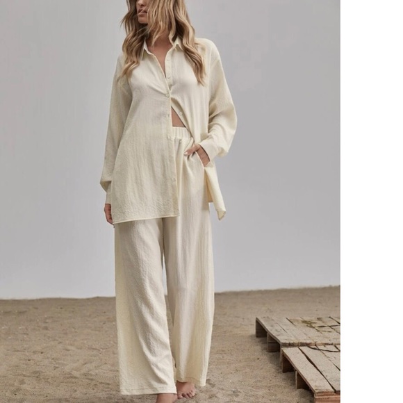 Shirt Pants 2 PC SET wide leg loose button collar spring summer womens cream - Picture 13 of 13